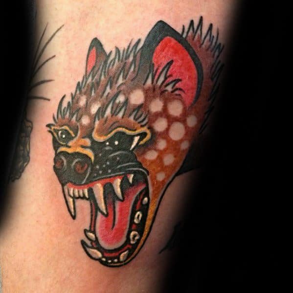 Traditional-style hyena tattoo with bold outlines, bright red and orange tones, exaggerated snarl, and sharp fangs for a fierce, eye-catching look.