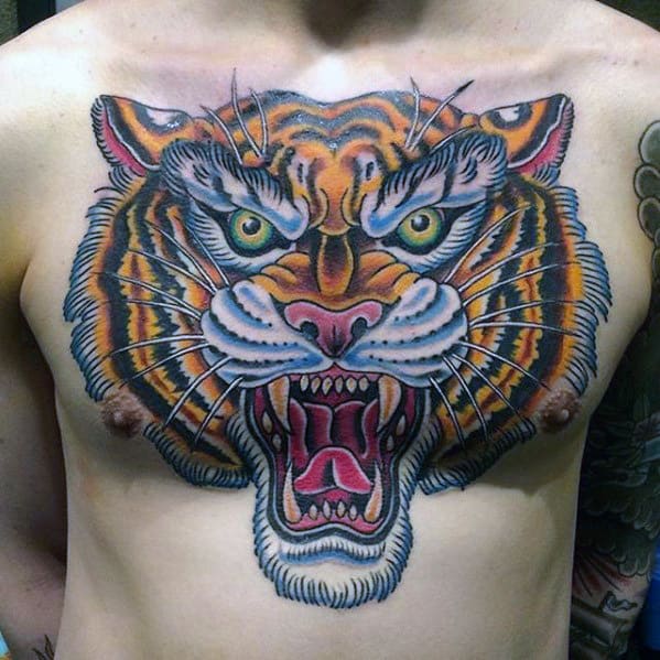 Retro Old School Mens Badass Traditional Tiger Head Chest Tattoo