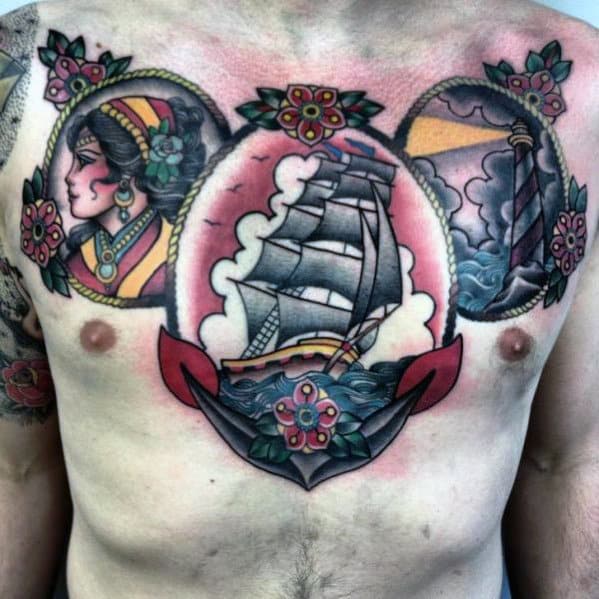 Retro Old School Nautical Anchor Guys Upper Chest Tattoo