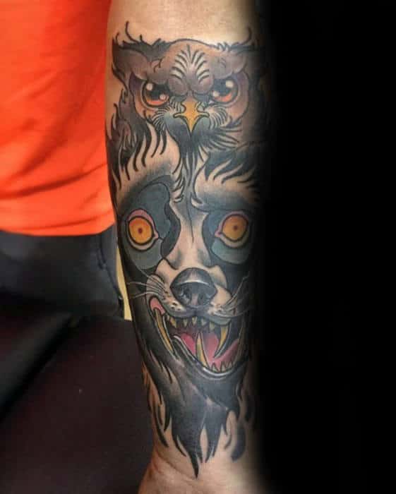 Retro Old School Wolf With Owl Guys Inner Forearm Tattoo Inspiration