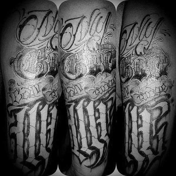 retro only god can judge me script mens arm tattoos