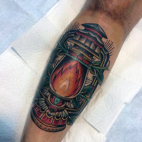 Retro Ornate Traditional Lantern Mens Leg Tattoo Ideas