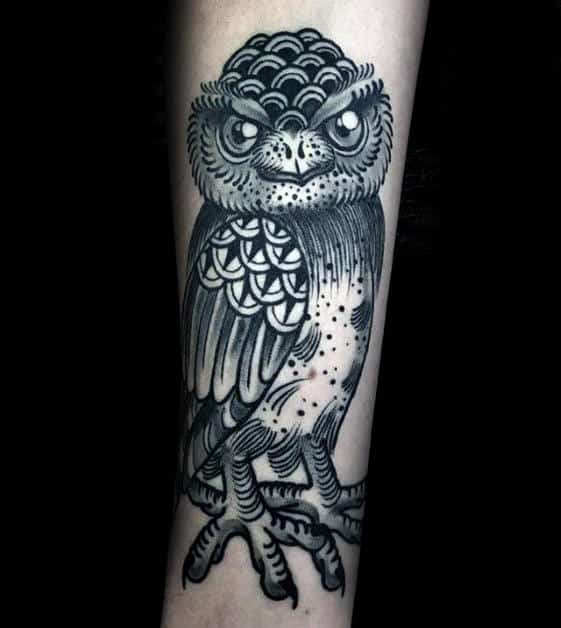 Retro Owl Mens Black And Grey Ink Inner Forearm Tattoo Ideas