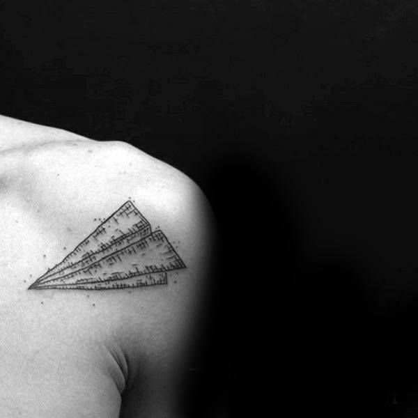 Retro Paper Airplane Black Ink Sketched Guys Shoulder Tattoo