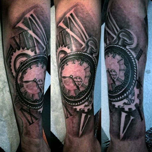 Retro Pocket Watch Tattoo Forearms Guys