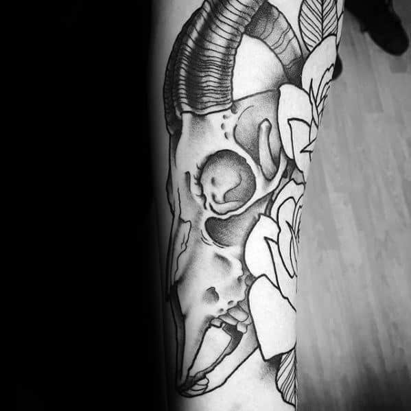 Retro Rose Flowers With Goat Skull Mens Forearm Tattoos