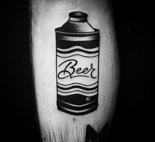 Bold blackwork tattoo of a vintage-style beer can with wave-like stripes and the word "Beer" in elegant script, combining simplicity with retro flair.
