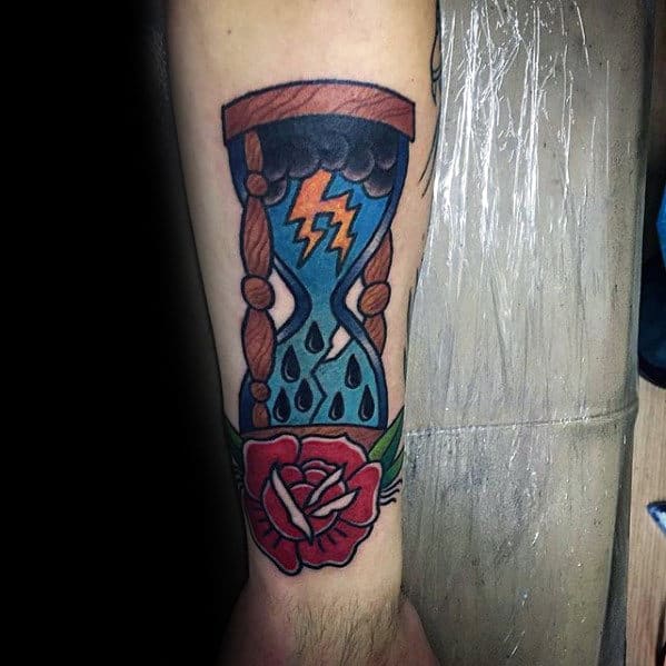 Retro Storm Inside Traditional Hourglass With Red Rose Flower Tattoo For Men