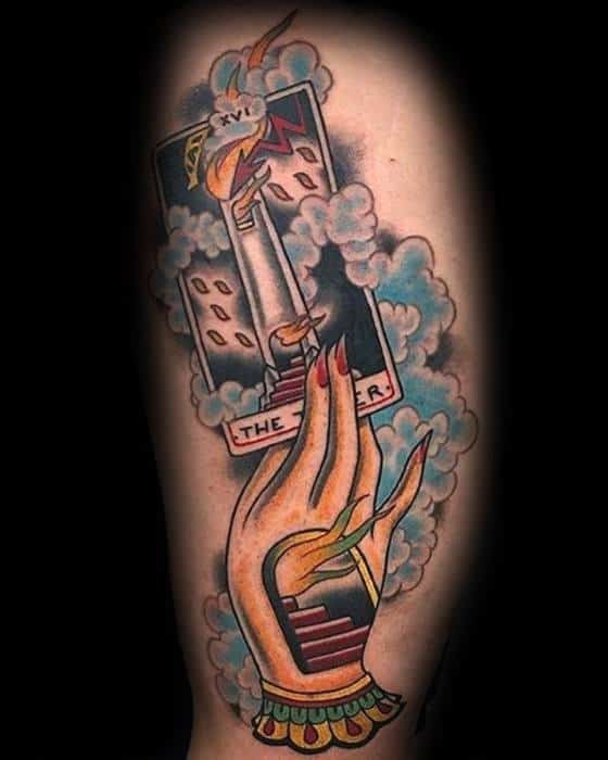 Retro Thigh Male Tattoo With Tarot Design
