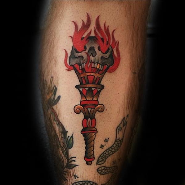 Retro Torch Flaming Skull Tattoos Guys Shin