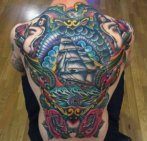 Retro Traditional Back Ship And Roses Guys Tattoos