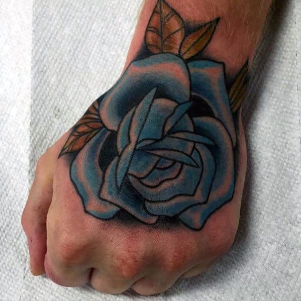 Retro Traditional Blue Rose Flower Guys Tattoo On Hands