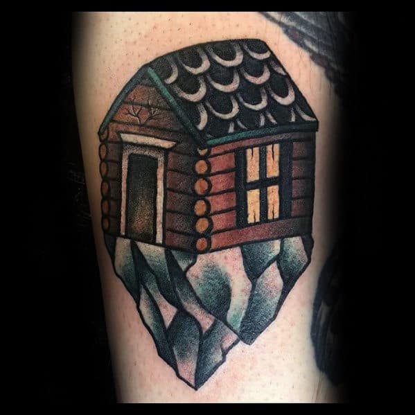 Retro Traditional Cabin On Mountain Rock Mens Arm Tattoo