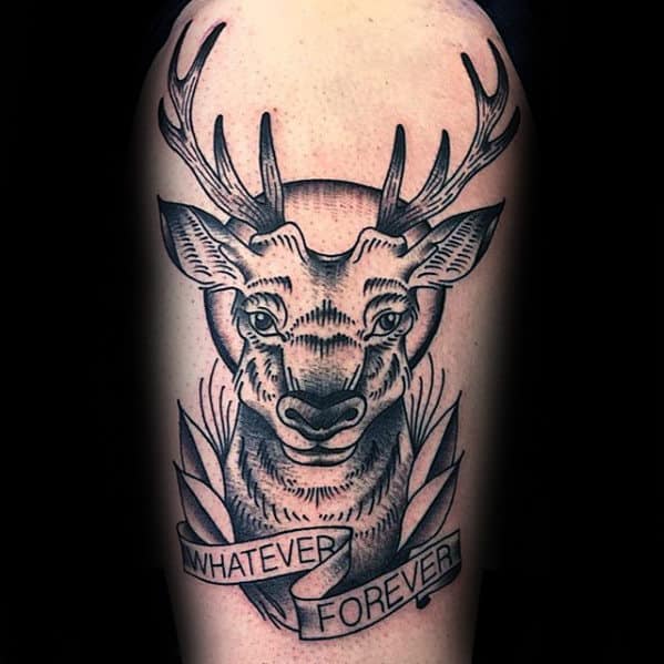 Retro Traditional Deer With Banner Guys Arm Tattoos