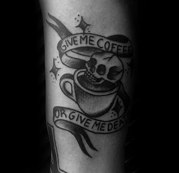 Retro Traditional Inner Arm Bicep Coffee Cup With Skull Guys Tattoo Designs