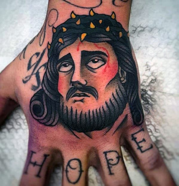 Retro Traditional Jesus Mens Hand Tattoos