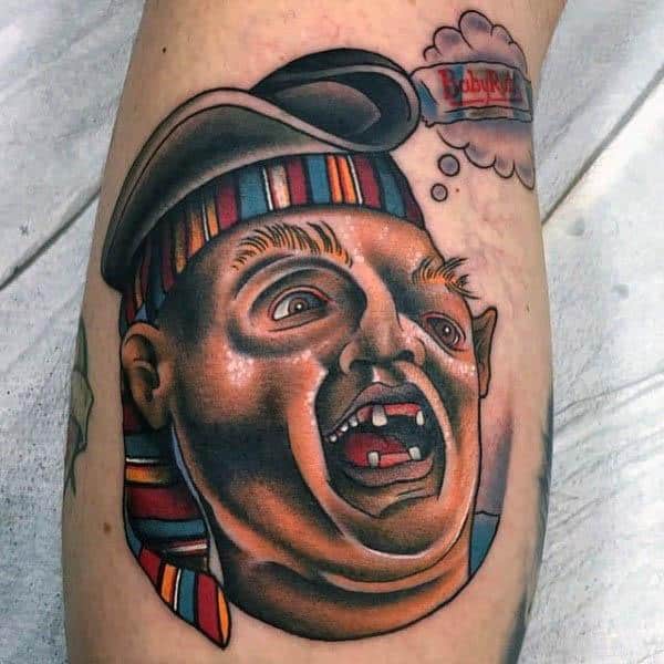 Colorful tattoo of Sloth from The Goonies wearing a pirate hat and striped bandana, with a speech bubble saying "Baby Ruth" in bold lettering.