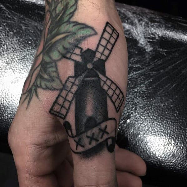 Retro Traditional Mens Windmill Finger And Hand Tattoo