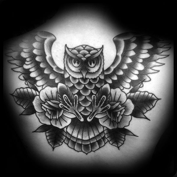 Retro Traditional Owl Rose Flower Guys Tattoo Ideas On Back