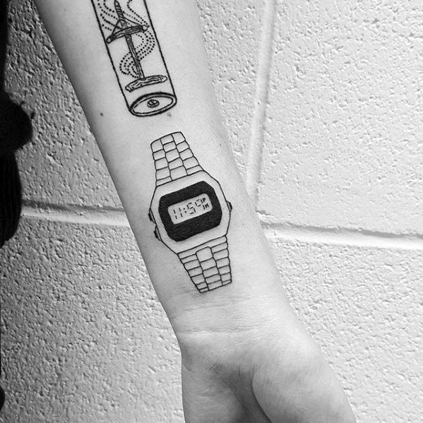 Tattoo of a digital wristwatch on a person's forearm
