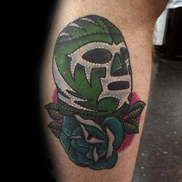 Retro Wrestling Green Mask Leg Calf Guys Tattoos