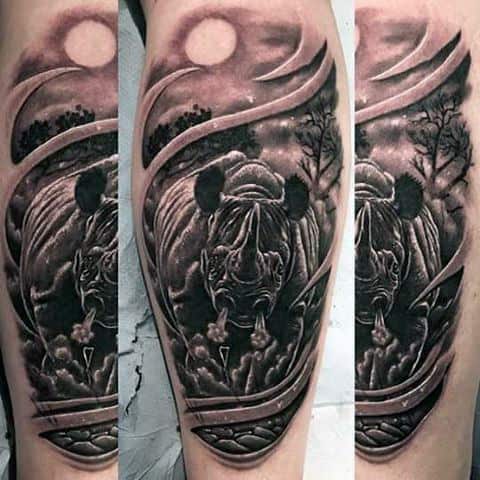 Rhino Blowing Steam From Nose Mens Leg Calf Tattoos