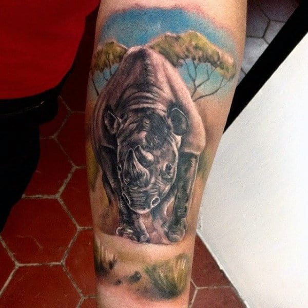 Rhino In Africa Guys Forearm Tattoo