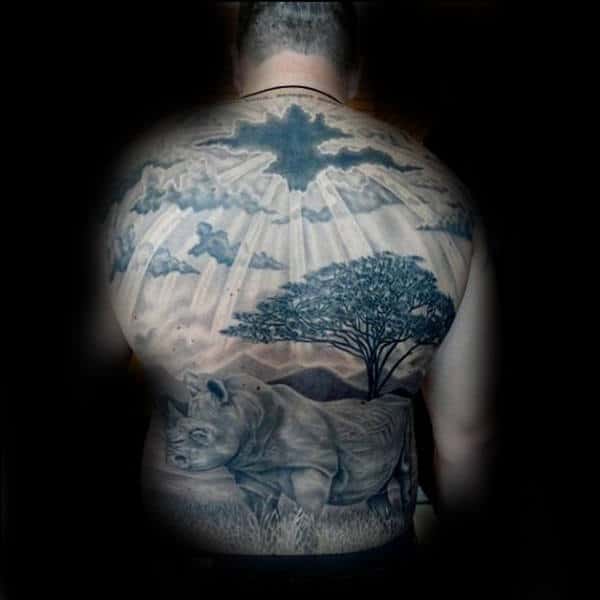 Rhino In Africa Guys Full Back Sun Ray Tattoo Design