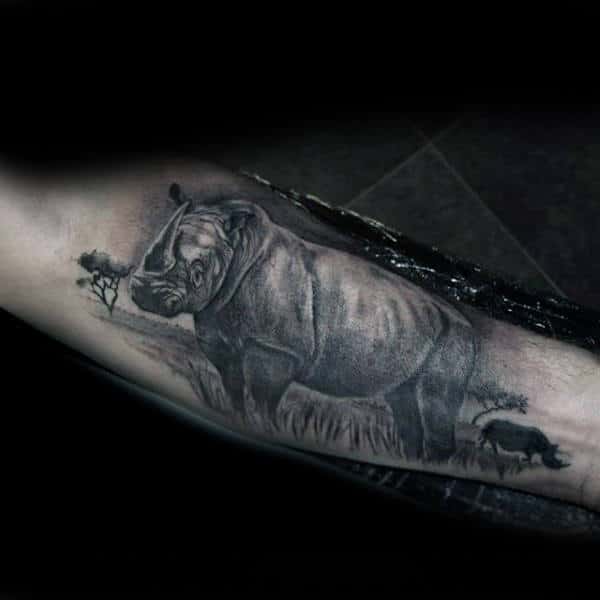 Rhino In Africa Mens Realistic Forearm Tattoo Designs