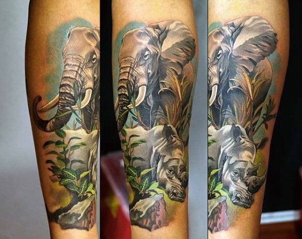 Rhino With Elephant Mens Forearm Tattoo