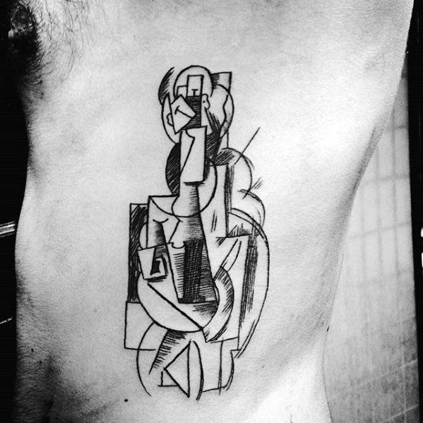 Ribcage tattoo of a cubist figure inspired by Picasso, with angular shapes, abstract facial features, and dynamic sketch-style shading.