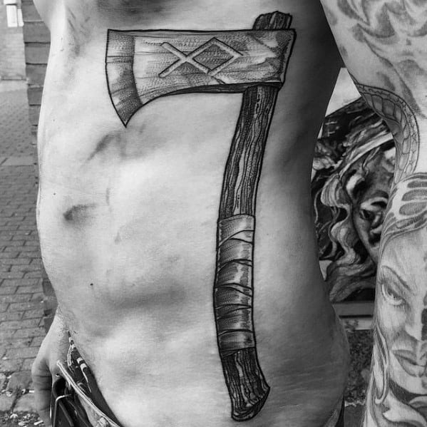 Rib Cage Side 3d Axe Tattoos Men