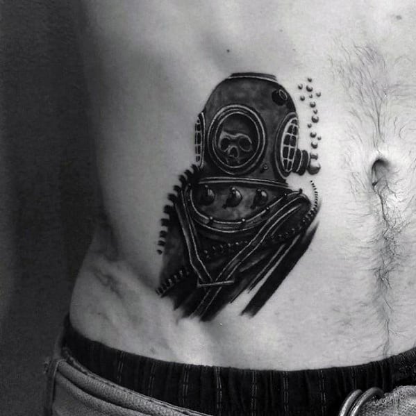 Rib Cage Side 3d Diving Helmet Tattoos Men