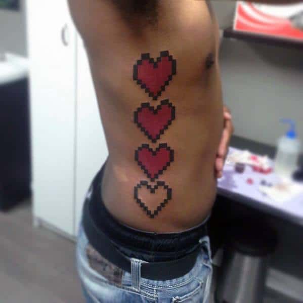 Rib Cage Side 8 Bit Hearts Tattoo Ideas For Men