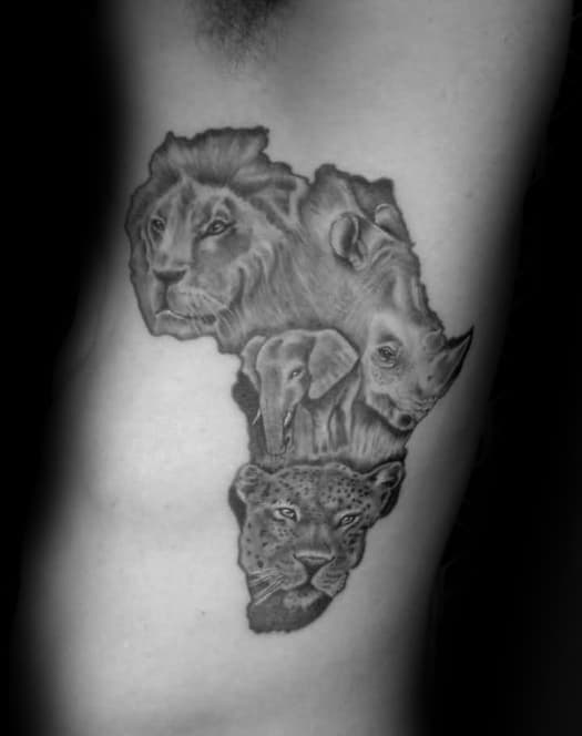 Rib Cage Side Africa Shaded Black And Grey Tattoos For Males