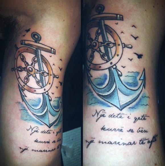 Rib Cage Side Anchor And Ship Wheel Guys Tattoos