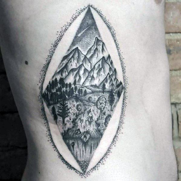 Rib Cage Side Artistic Male Mountains With River Tattoo Ideas