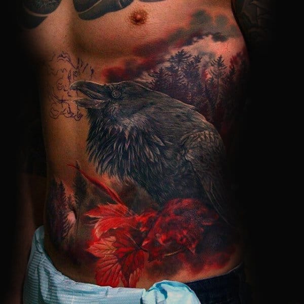 Rib Cage Side Awesome Mens Crow Tattoos