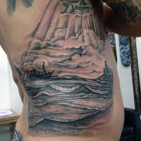 Rib Cage Side Beach Palm Tree Tattoo Design For Guys