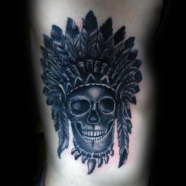 Rib Cage Side Black And Grey Indian Skull Mens Shaded Tattoo Ideas