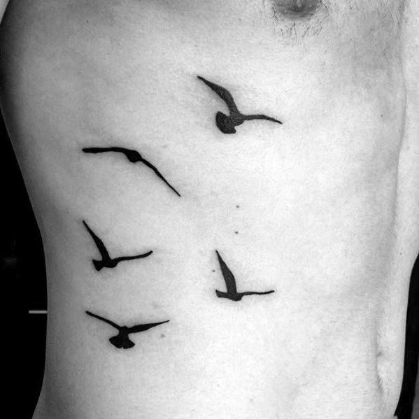 Rib Cage Side Black Ink Seagulls Flying Mens Tattoo Design Ideas