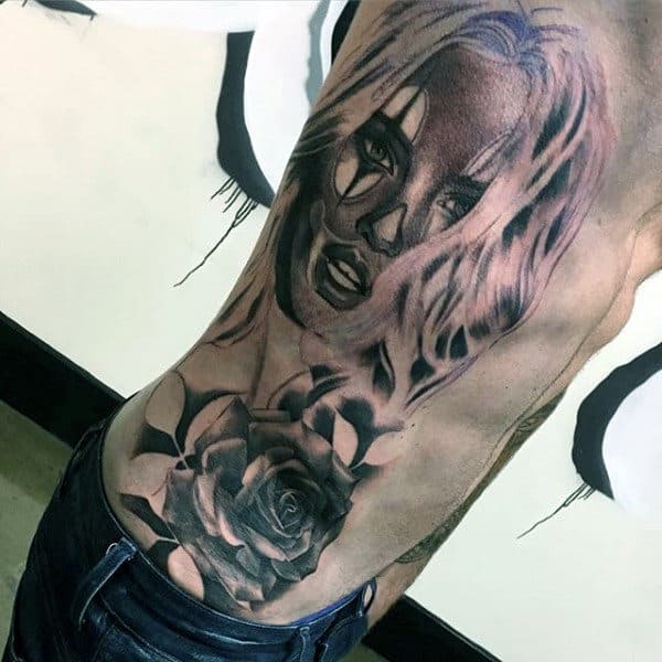 Rib Cage Side Chicano Female Portrait With Rose Flower Tattoos For Men