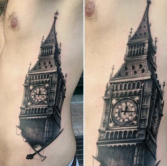 Detailed black and grey tattoo of Big Ben on the side, with the clock tower leaning and a sword positioned below it, adding a dramatic and bold touch to the design.