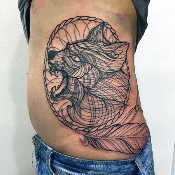 Rib Cage Side Dreamcatcher Wolf Outline Tattoo For Guys