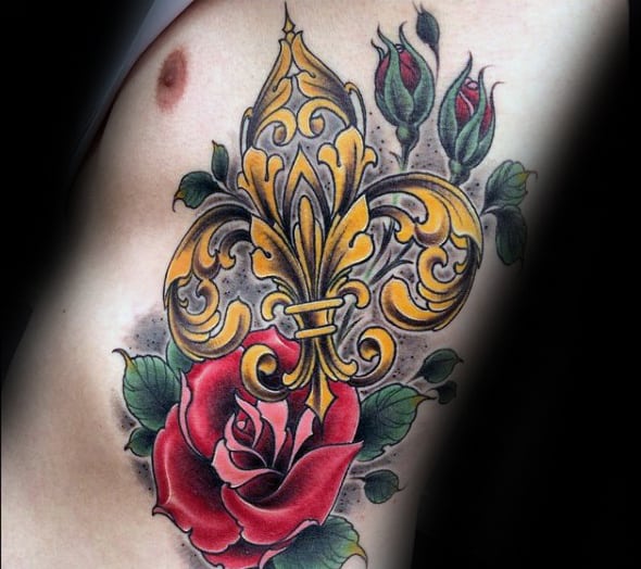 Rib Cage Side Fleur De Lis With Rose Flower Male Tattoo