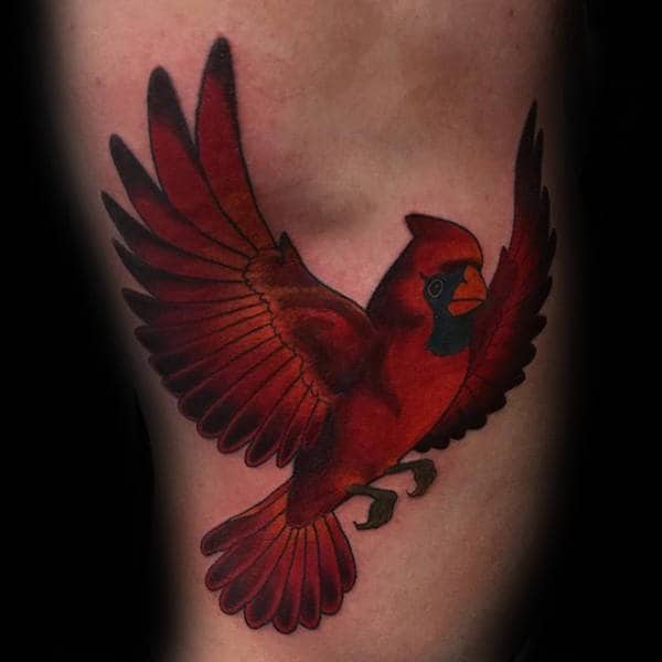 Rib Cage Side Flying Red Ink Bright Cardinal Bird Male Tattoos