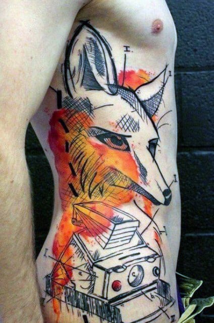 Rib Cage Side Fox And Camera Abstract Mens Tattoos