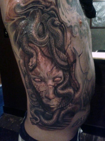 Rib Cage Side Full Medusa Snake Tattoos For Men
