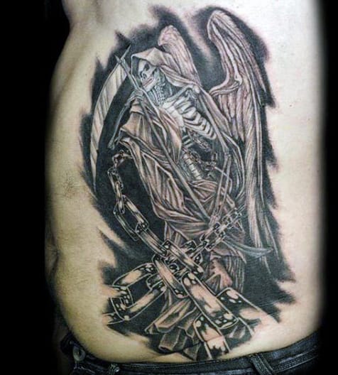 Rib Cage Side Grim Reaper Men's Tattoos