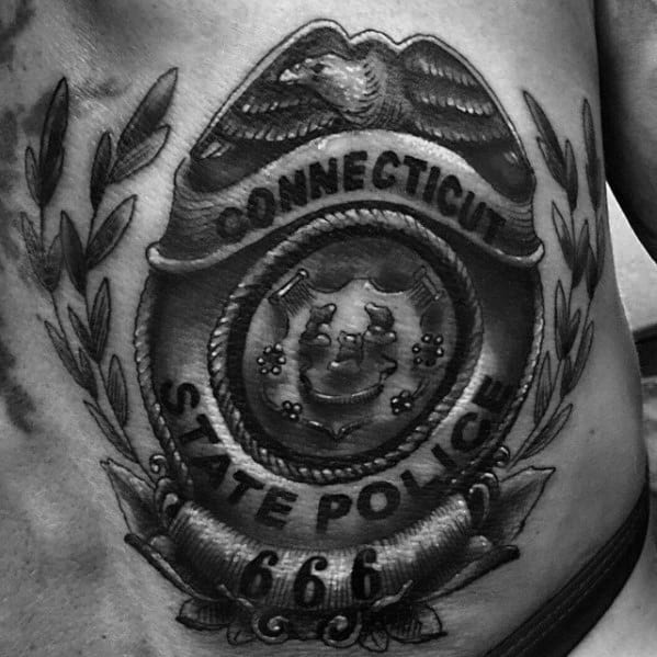 Rib Cage Side Guys Connecticut Police Badge Shaded Black And Grey Ink Tattoo